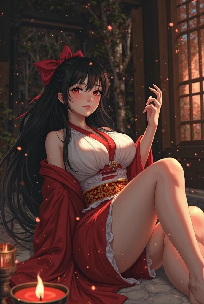 best quality,4k,8k,highres,masterpiece:1.2),ultra-detailed, extremely detailed eyes, extremely detailed body, (large masterpiece digital art), (detailed manga illustration), (detailed line art), ((perfect anatomy)), (intricate details:1.3), (ultra-detailed:1.3), (illustration:1.3), (sharp focus:1.3), (natural lighting:1.05), (vivid colors:1.3), (masterpiece), (best quality:1.4), (perfect anatomy:1.4), high quality, expressive eyes, full body, detailed face, beautiful face, perfect face, 1 girl, breasts, cleavage, gloves, large breasts, Japanese clothes, jacket, (underboob), robe, sash, belt pouchs, very long hair, thigh length hair, Japanese female, detailed ((black hair)), straight hair, Hime cut , closed eyes, curvaceous physique, arm wrap, hakama, hakama skirt, haori, miko, monk, thick thighs, toned, dynamic lighting, cinematic lighting, seiza, meditation, focused, Japanese temple background, curvy, Atey Ghailan, Jeremy Mann, Greg Manchess, Antonio Moro, trend in ArtStation, trend in CGSociety, Intricate, High Detail, Sharp focus, dramatic and photorealistic painting art by Midjourney and Greg Rutkowski, Jeff Bridges, ((cartoon style)), Marvel Cinematic Universe style