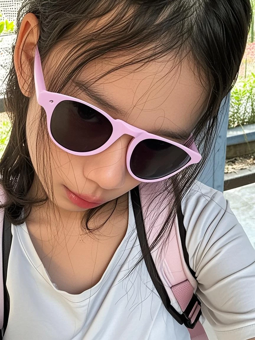 ponytail、girl、１０age、T-Shirts、Purple unicorn pattern、Wearing a light blue cap、Pink unglasses、