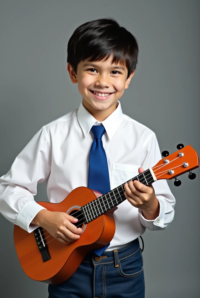 Create a profile picture of a 15 year old male teenager with trendy bangs inside the Christian Congregation in Brazil holding a Violin