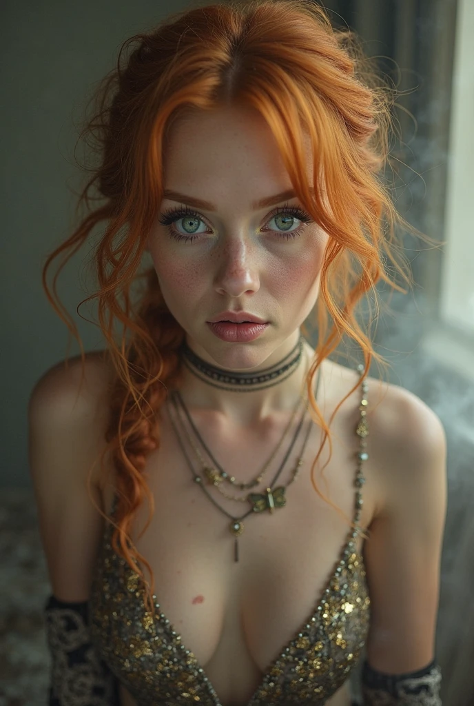A very beautiful toreador vampire with extremely red hair, your eyes have complete heterochromia, she also has freckles, She has noble origins and is very fond of jewelry and always wears high heels., your high heel is elegant and chic