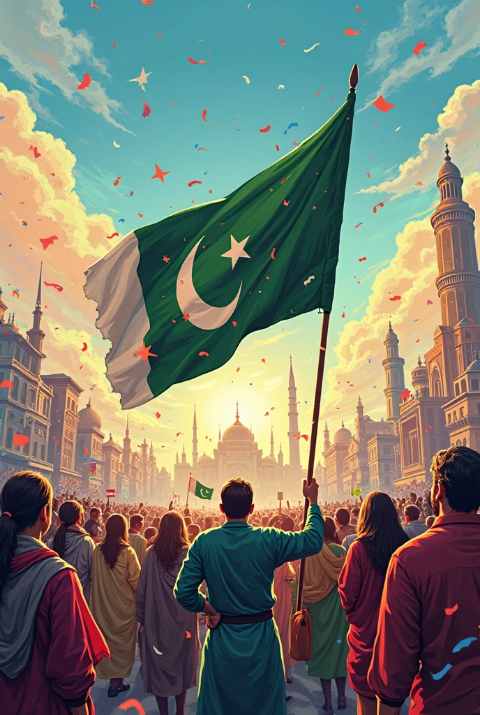 Create a.poster on 14th August Pakistan flag and peoples