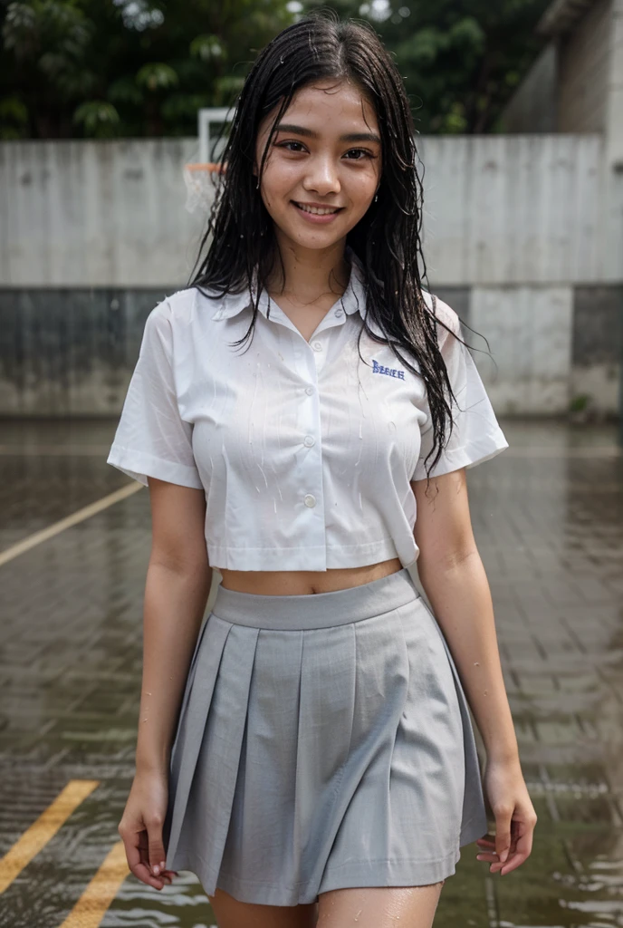 Young sweet beautiful Bogor city school girl, slim body, very georgeus face, 16 years old, wearing messy very transparent all unbuttoned thin Indonesian white and grey uniform, all unbuttoned long sleeve shirt, grey folded up kneel long skirt, sassy girl, very messy wavy short hairs, standing tied to the way spreading wide legs as being having sex harassment on sofa at school in the sunny morning, wearing sport shoes, very realistic, very detail, very natural, no cartoon, pulled down white thin panty that clearly exposed visible, front view, tormented girl, open wide mouth to hold pain feeling, sweet cute being having in pain harassment redish face, normal sex intercourse legs pose, wet and crying face,