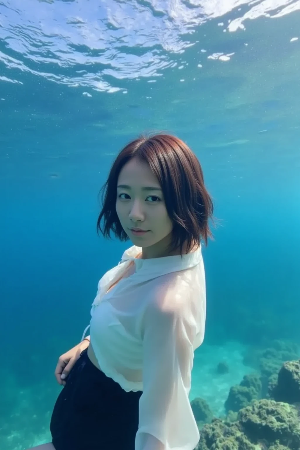 In the deep sea where only bubbles float、A plump 45-year-old aunt from Osaka，With eyes closed，Reach your arms out to the surface of the water，Take a deep breath.、Wearing a white shirt、Looking healthy、Her hair swayed like waves、