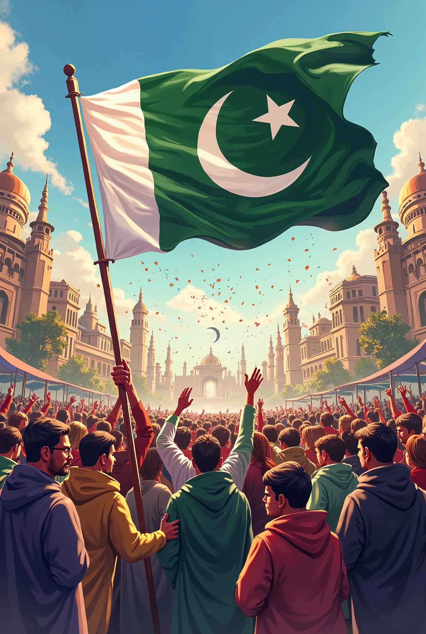 An independence day theme with sunrise the people are hosting the flag happly detailed that the untiy and all religion hindu Muslims and Christian hosting the flag detalied the picture and sunsrise background with bright colours