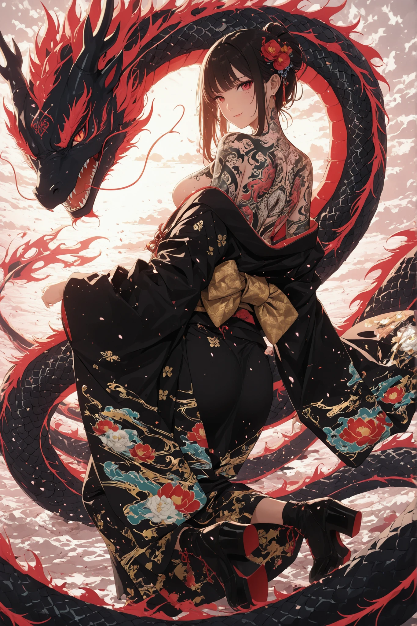 ((Woman with a full body tattoo:1.5)) small beautiful breasts kimono From the skin ((Dragon tattoo on back:1.5)) upper body