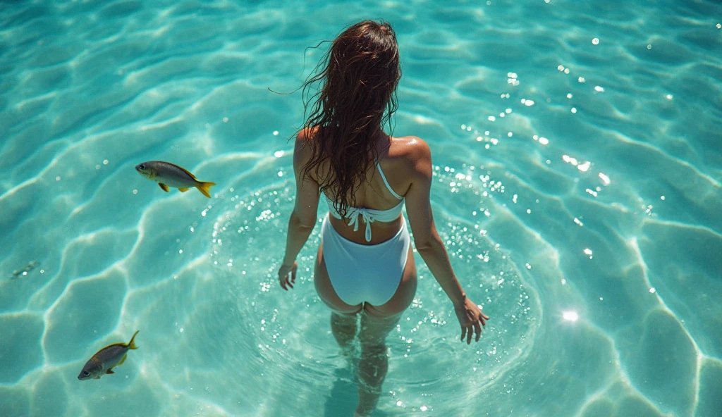 there is a woman in a red bikini laying na water, see fish swimming, crystal water limpa, in the sea, na water, fish at the bottom, swimming under'water, standing on the sea floor, niele toroni, covered in coral, floating underneath'water, very close to real nature, water transparente, na water, Crystal clear sea, water limpa