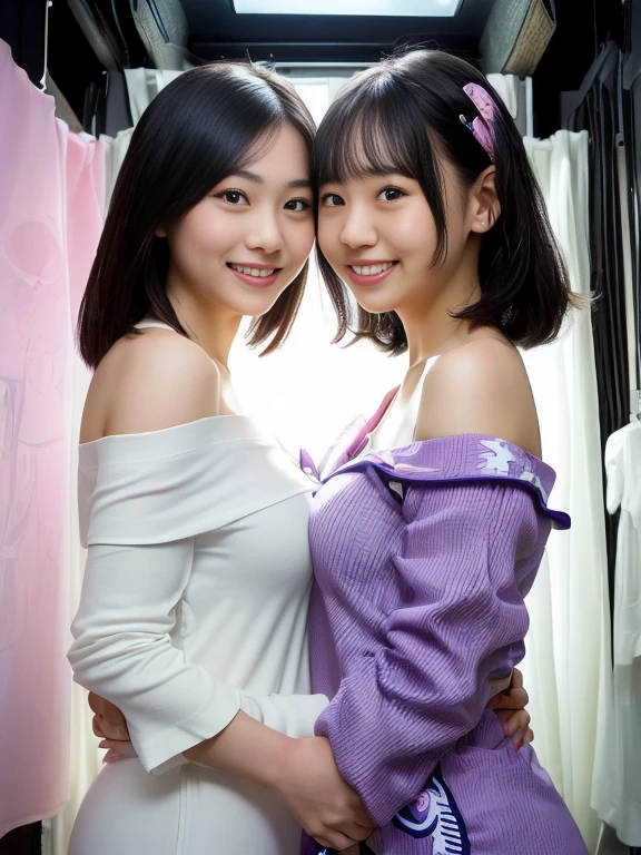 (A close-up photo of two Japanese idols), 20-years-old, (Both standing closely), in the Shibuya, (Both smiling), (Both looking at the camera), best quality, masterpiece, (Wearing pale-purple sheer lace bridesmaid-dress), (choker), (((Double eyelids))), Bangs down, earrings, ((Big beady eyes)), ((Both lifting up skirt and exposing panties))