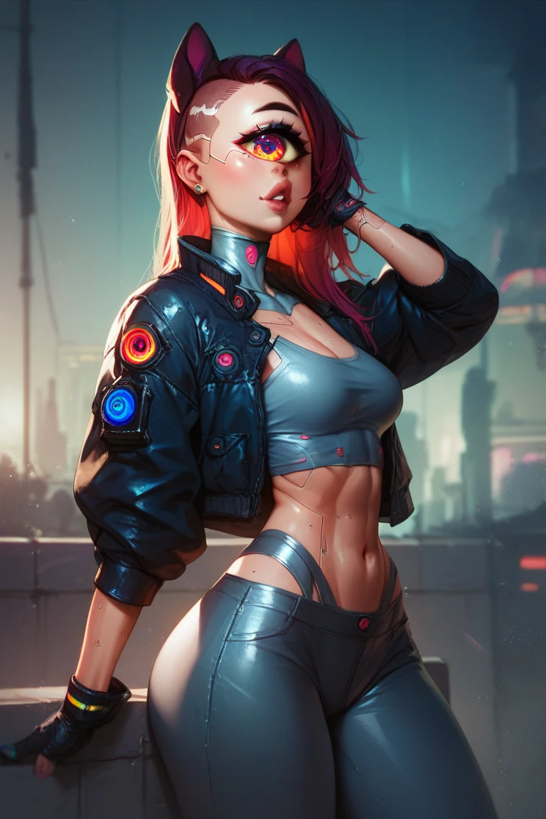 Girl with fluorescent orange hair,white coat,white bikini,white shorts,boots,close up,lightning,Fantasy cyberpunk