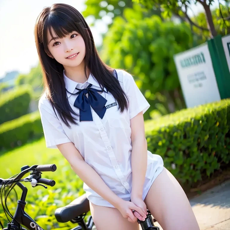 Japanese female, (underweight), (flat chest best quality:1.5), (cheerful grin:1.5),NSFW,
(riding bicycle:1.4), semi long, trunk neck tee, mini skirt, (white underwear), in the city, full body shot, front view, (from below:1.2)