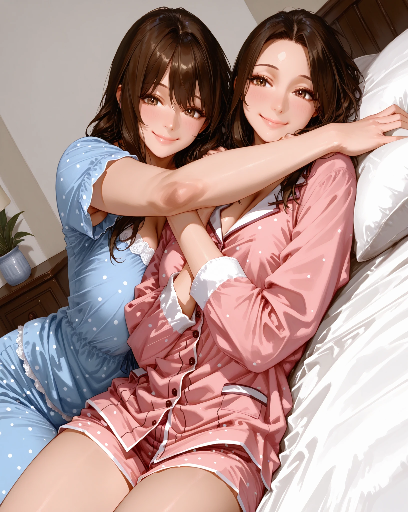 one cute woman, brown hair, blue eyes, (pink pajamas girly), transparent pajamas, in a girl's room, the pajamas are unbuttoned, she smiles, open shoulders, and nice hips, sexy pose, open breasts