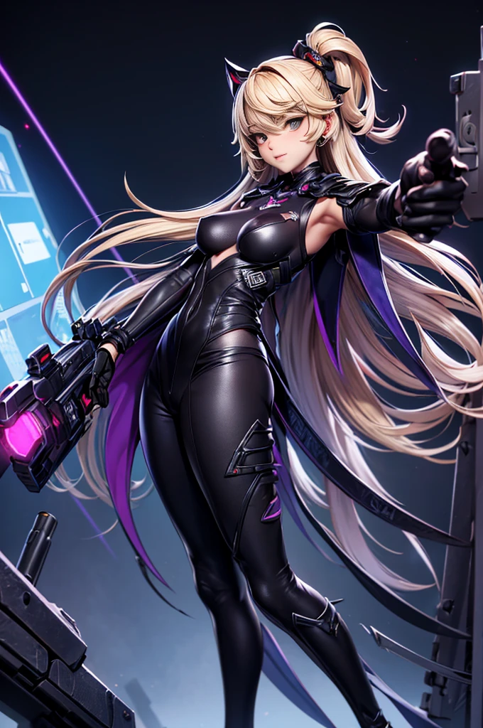 Airidimension, 1girl, solo, long hair, breasts, looking at viewer, bangs, blonde hair, gloves, dress, holding, cleavage, hair between eyes, bare shoulders, very long hair, closed mouth, yellow eyes, weapon, white hair, big breasts, horns, black gloves, elbow gloves, sword, holding weapon, white panties, black dress, clothing cutout, thigh strap, holding sword, arm behind back, , blunt bangs, armpits, makeup, realistic, thigh strap, standing, full body