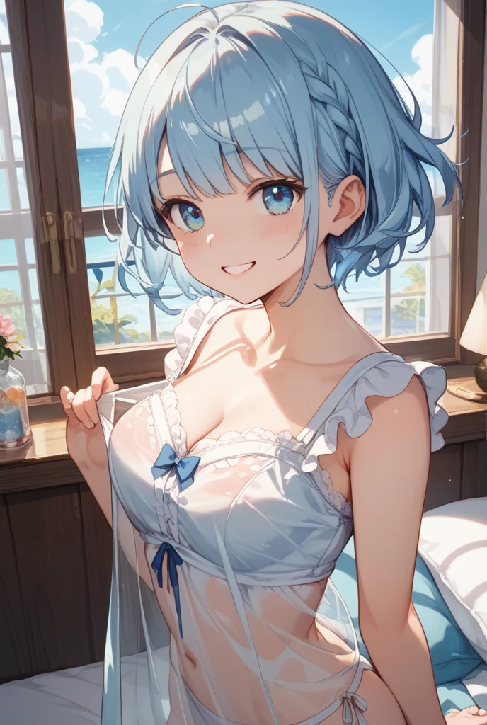 beautiful, masterpiece, Highest quality, anime, One girl, C Cup,Portrait Shot, View your viewers, Covered、Short Hair、nearby、Blue Eyes、art、、White hair,Blue streaked hair、wallpaper、hairpin、Cute smile、Thighs、、Cute、Frilled bikini、navel