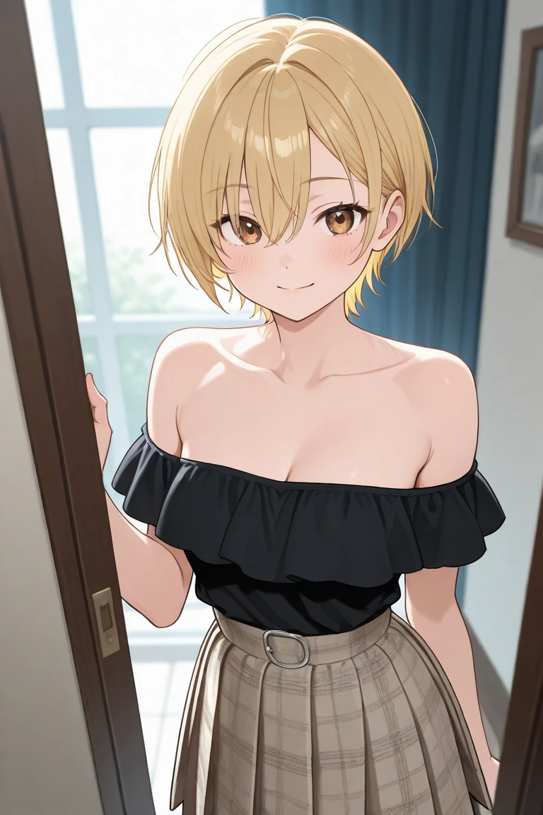 、(masterpiece、Highest quality)、Highest quality, Ultra-high resolution, (((masterpiece))), alone, Sweat、Big eyes, Please show me your armpits, No sleeve、Outdoor、Floral dress、Composition from the front、（Cut the back hair short、short hair、blonde、woman）、Shortcuts、Embarrassed face、Cut your hair short、可愛いwomanの子、Big Breasts