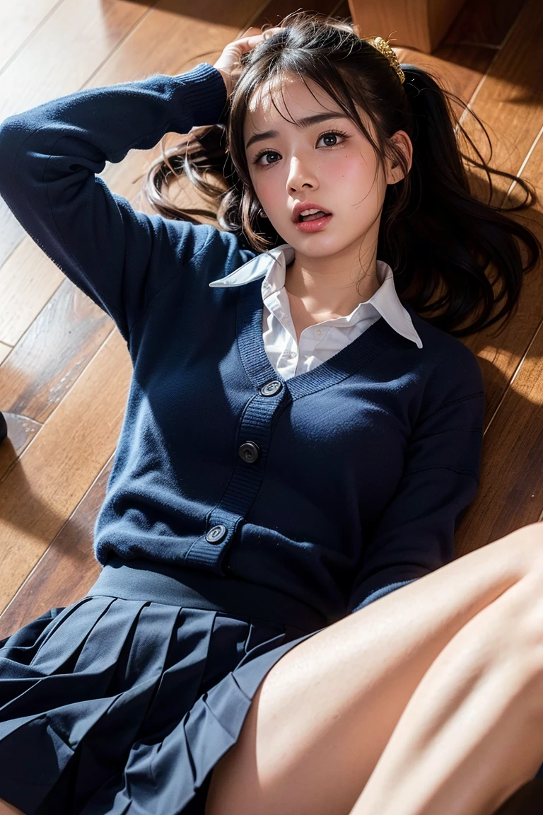 absurdres, RAW photo, extremely delicate and beautiful, masterpiece, Best Quality, ultra high resolution, 32k, hyperrealistic, ultra-detailed, super Detailed skin, 20 years old, very small head, very small face, very detailed eyes and face, tearful mole, earring, very huge round breasts, legs, medium hair, full body shot, indoor, ((school_uniform)),