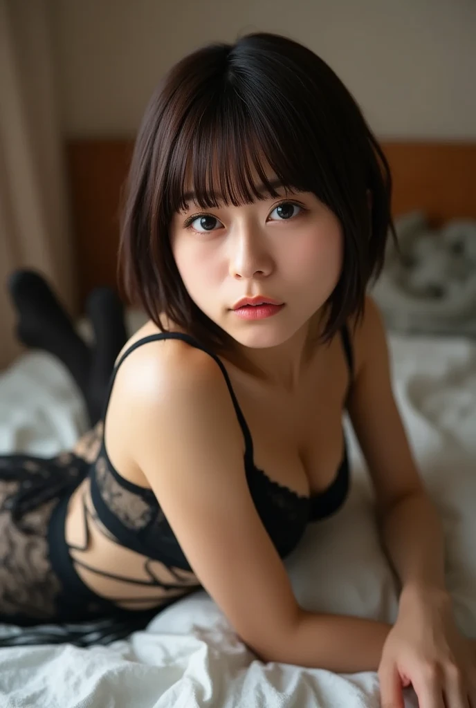 Browsing Caution, ( highest quality, Realistic:1.4), (Shiny skin), (Hmph, 8k wallpaper, High resolution), Perfect Anatomy, Cinema Lighting, Physically Based Rendering, Awards, Highly detailed skin, Highly detailed face, Beautiful eyes in every detail, Carl Zeiss 85mm F/1.4, Lie comfortably in bed, She is a very cute 25-year-old office lady.........., (Pink wavy medium long hair(With bangs)), 豊満なchest,Sexy black bra and shorts, (((Sexy Lingerie))),View from below, (Dカップのchest:1.5), (short hair:1.5), (Face of ecstasy), ((Top Girl)), ((experience an orgasm)),((Asian Beauty)),((With an ecstatic look)),((Upper Body(chest)play)),(Place your arms behind your back),(((whole body)))、(((So you can see all the way to your toes)))、((Small underwear,))、((whole bodyショット))、Swimwear、ハイレグSwimwear、