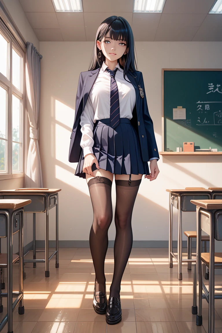 girl, standing, school, classroom, thigh high boots, platform boots, school uniform, lace up boots, high heels