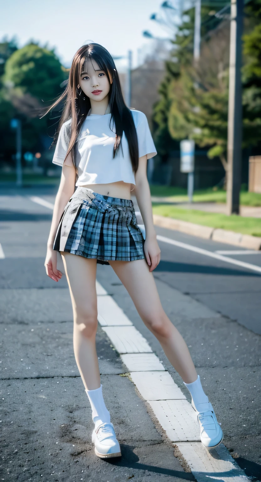 18 years old female, long hair, RAW photo, bokeh (realism: 1.4, realistic), high detail CG unified 8K wallpaper, 1girl, ((slim body: 1)), (small breasts: 1), back to viewer, ((direct view from the front)), (HQ skin: 1.4), 8k uhd, dslr, soft light, high quality, film grain, Fujifilm XT3, ((school uniform, short skirt,choker,see through open shirt:1.5)), ((outdoor, at park))) jangjoo, portrait,((Layered short Haircut, black hire,small breast:1.2)),(looking at viewer:1.4),(full body:1.8)
