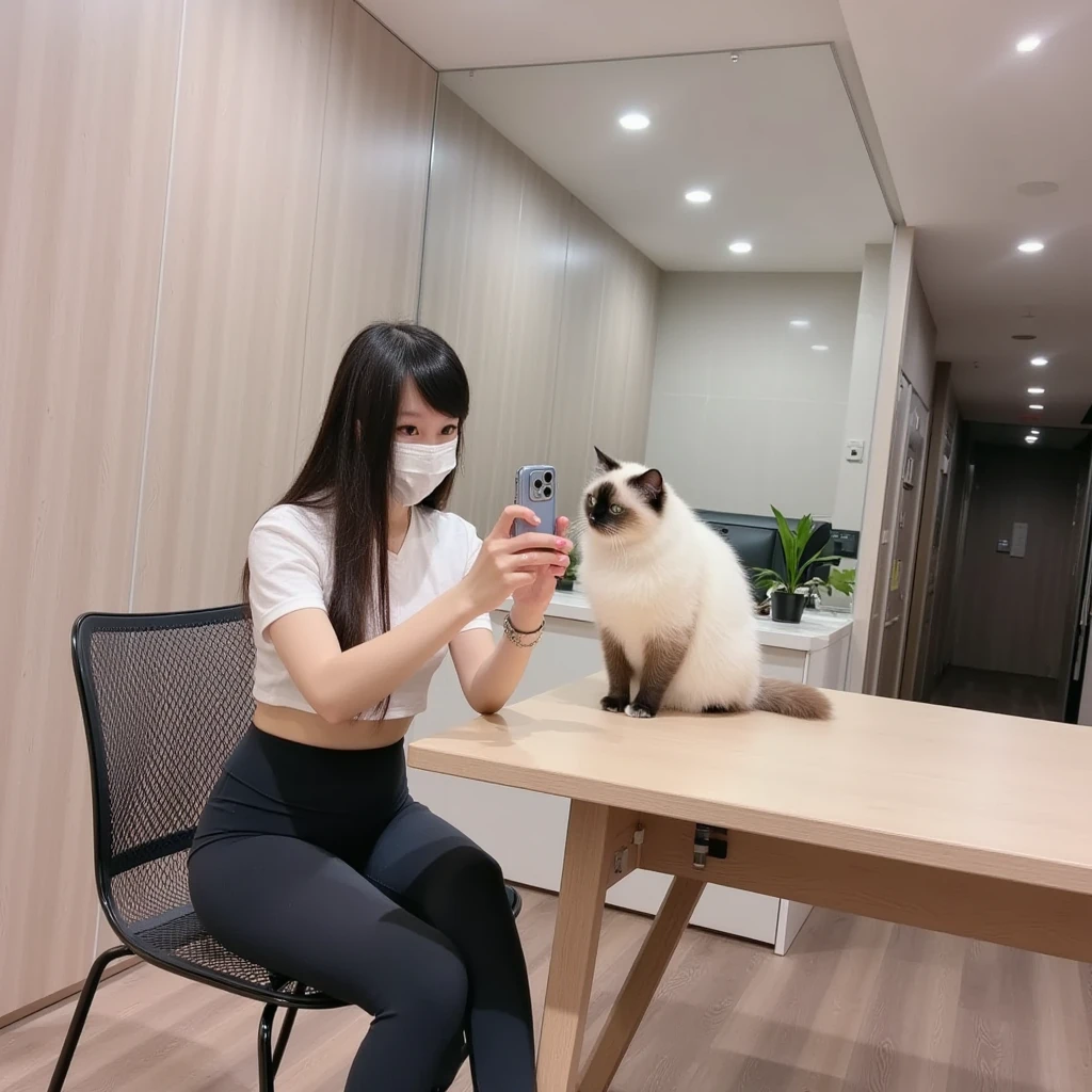 A stunning photorealistic portrait of a young Korean woman, sitting on the floor of a modern, minimalist living room. Her long, straight dark hair frames her face as she takes a mirror selfie, holding a smartphone. She is adorned in a light blue halter bra and light-colored panties, showcasing her curvy, large-sized chest. A graceful white Persian cat, possibly a Maltese, lays beside her, its paw gently touching her hand and its gaze locked on her. The room's clean, cozy atmosphere is reflected in the large mirror, emphasizing the sense of tranquility and harmony. The gray sofa and light-colored walls, paired with a white ceiling, create a serene backdrop for this intimate moment.
