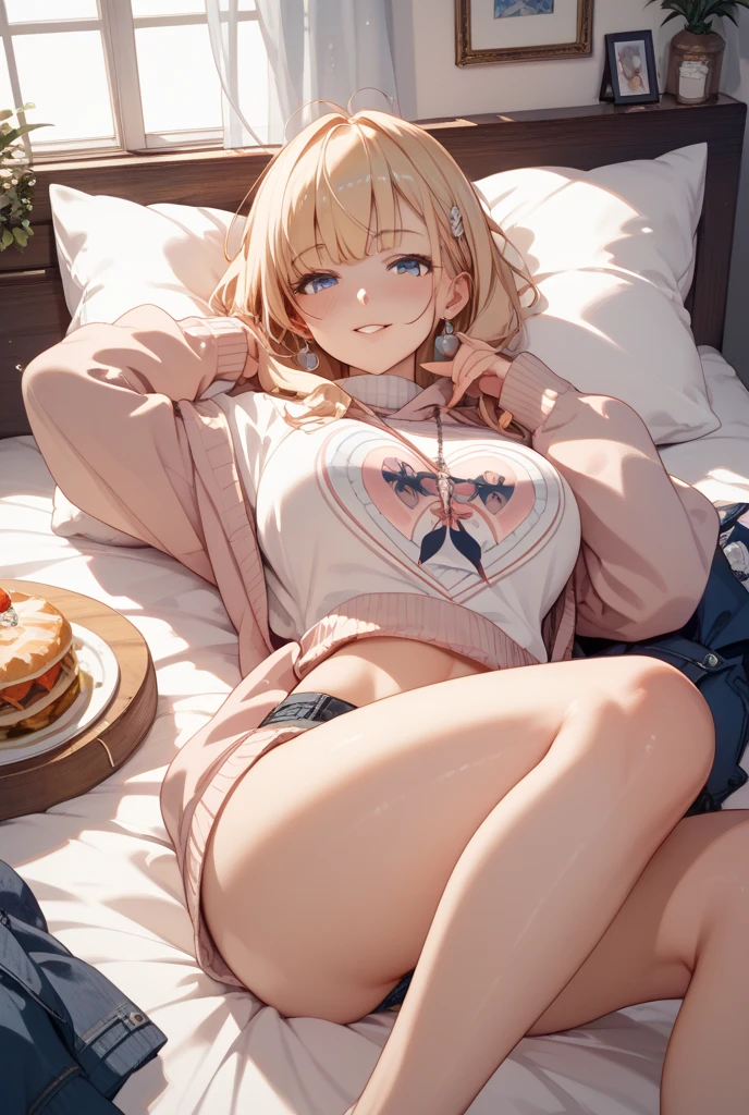 Very detailed、(8k, RAW Photos, highest quality, masterpiece:1.2), (Very detailed 8k wallpaper),figure、Professional Lighting,Sharp focus, Depth of written boundary、、Clear Eyes、Perfect Anatomy、With a girl、12 years old、、,、(Plump thighs:1.2)、、、pov 、Open-neck T-shirt、Denim mini skirt、、Lying in bed、(Leg spread:1.5)