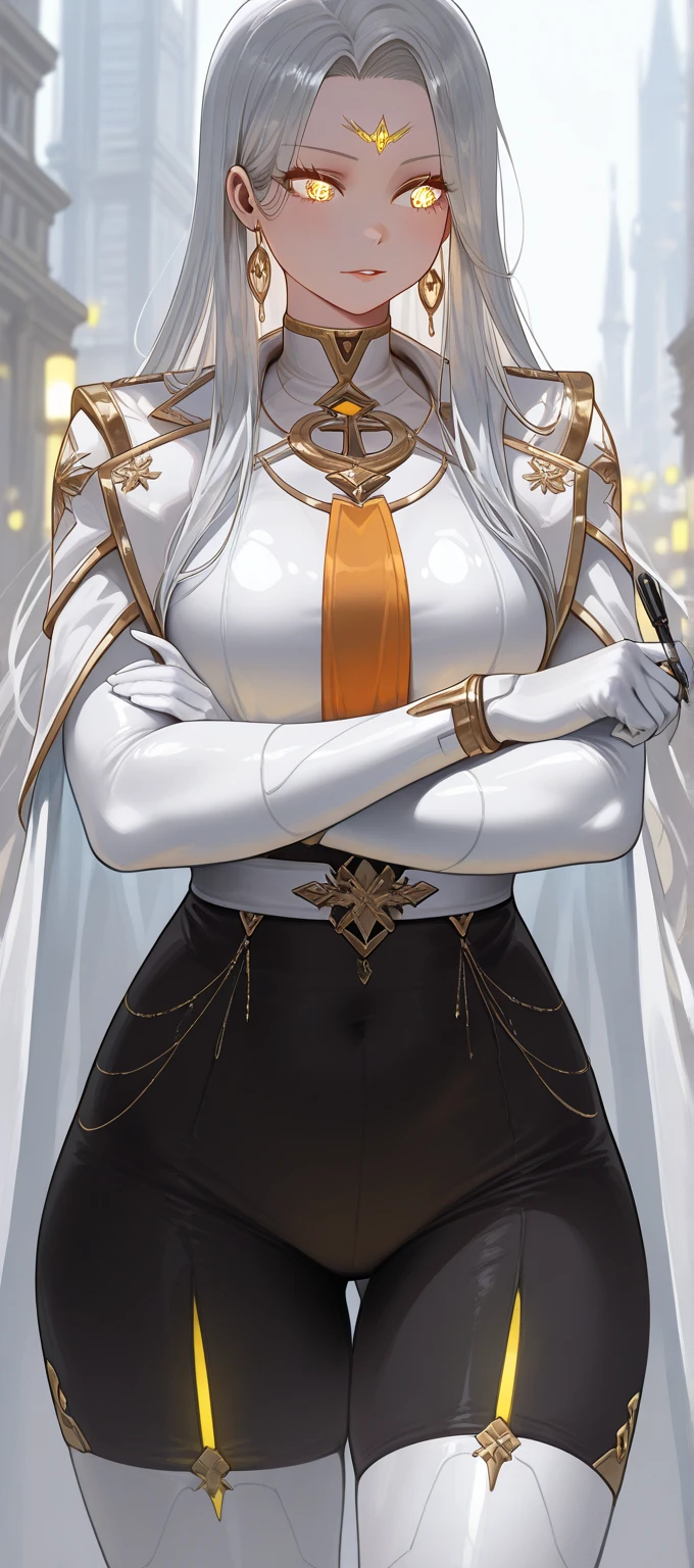 A powerful paladin lady with shimmering white silver hair and glowing yellow eyes stands tall in ornate golden armor. Her cape billows dramatically against a black background, and a halo of light surrounds her head. She gazes directly at the viewer, her fingers crossed confidently.