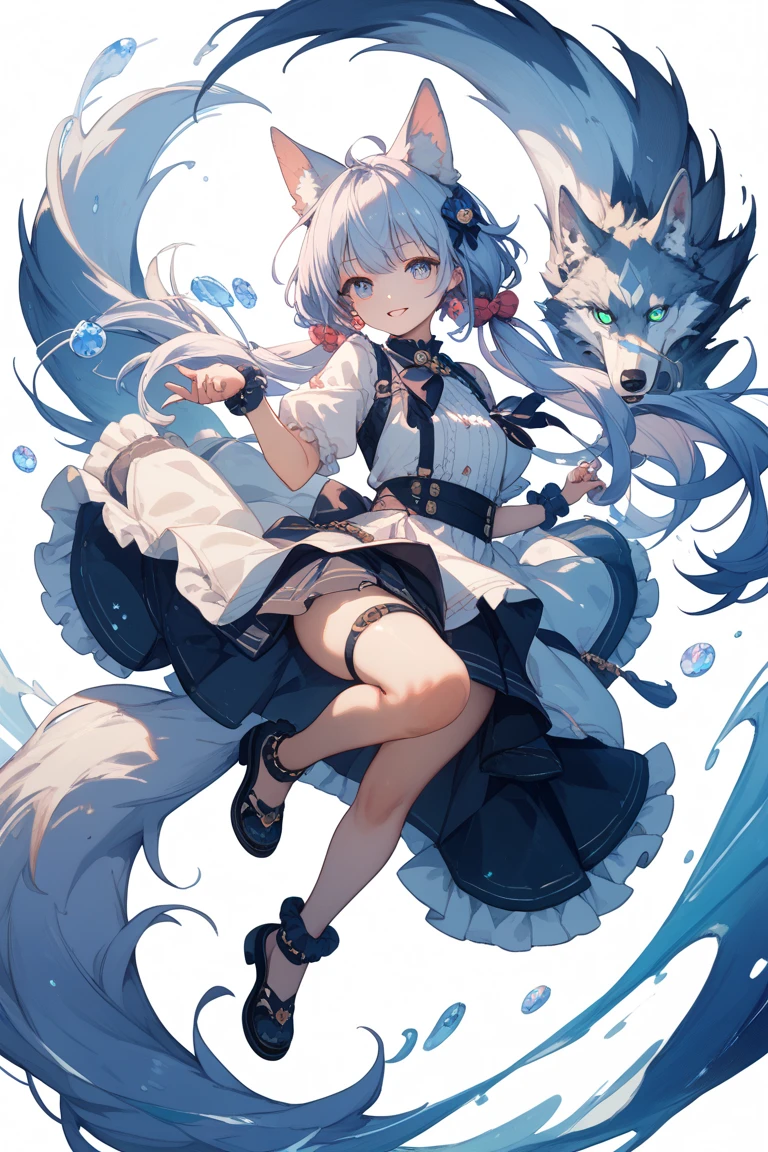 cute、Blue Eyes、Wink、Whiteのワンピース、Wolf-like ears(White)、Gray Hair、Full of energy、Her hair is down to her waist and is not tied up.、Black ribbon attached to the waist、Full body image、Masterpiece、Light grey shoes