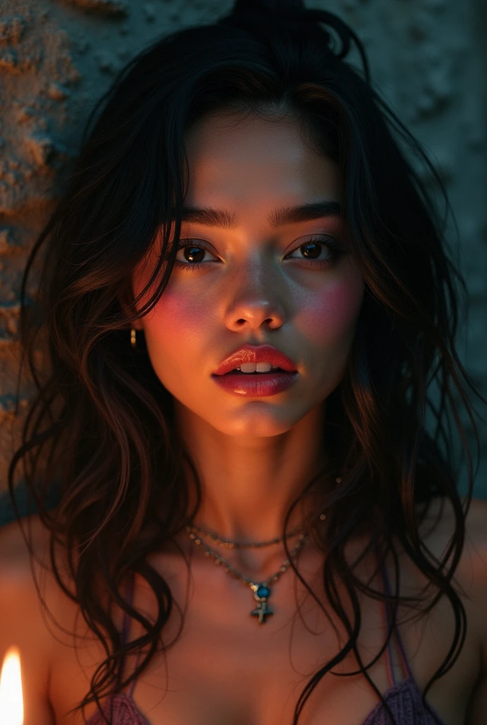 (8k, 4k, Best Quality, high resolution, ultra high resolution:1.1), (Masterpiece, realist, photo-realist:1.1), 1 girl, face, close up, two tails, by rubio, black eyes, Red lips, (looking at the viewer:2), absurdly long fur, long eyelashes, shadow, small face, large eyes, bare shoulders, High contrast,