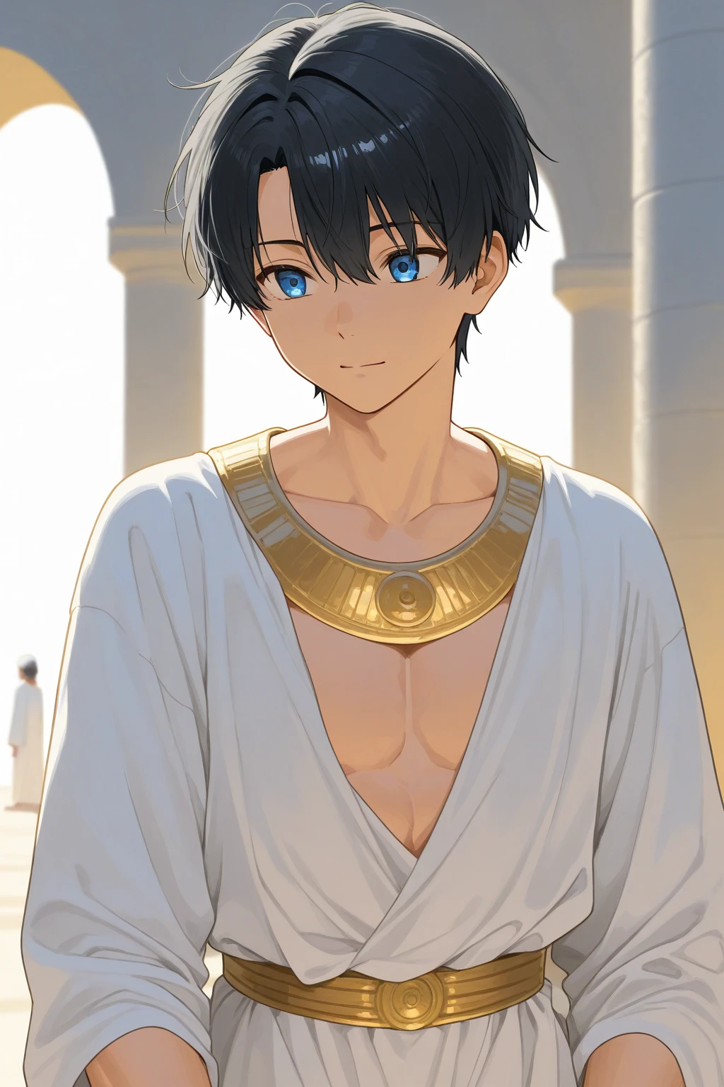 Highres, Masterpiece, Best quality at best,Best Quality,hight quality, hight detailed, 1boy, Boy,Fluffy hair, Side bangs, Shota, Solo person, Thin young boy without a shirt, White hair, Blue eye, Dark skin, Egyptian palace, Ancient egyptian skirt, earrings, bracelets, necklaces, navel piercing, (very young boy), 14-year-old boys, Blurry and simple beckground, bokeh, Uhd