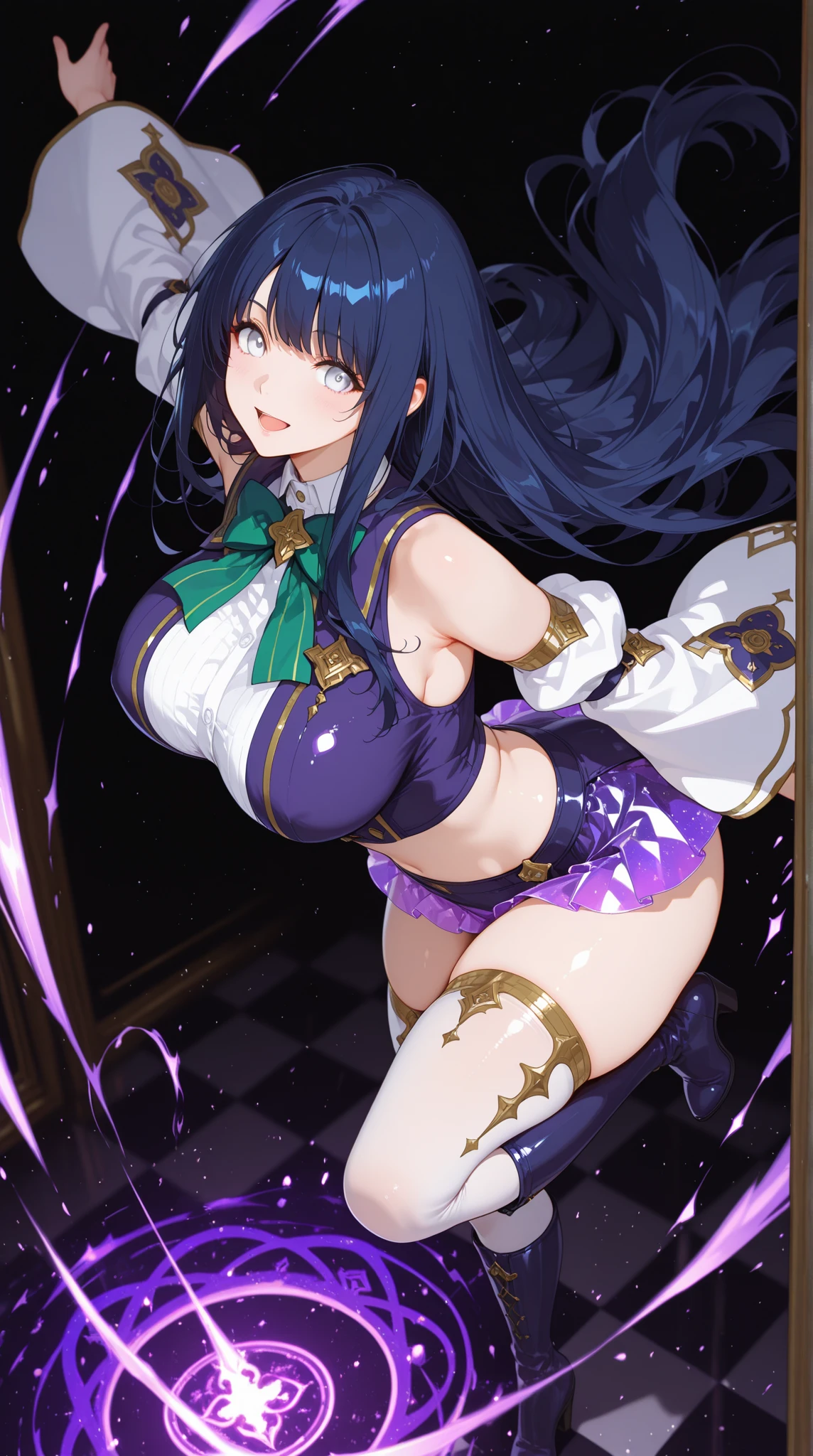 girl, full body, cowboy shot, (Rembrandt), illustration, (masterpiece), (best quality), (ultra_detailed), finely detail, (Depth of field), HshinoAi, idol, gloves, tongue out, tongue, long hair, star \(symbol\), looking at viewer, (purple hair:1.2), purple eyes, upper body, hair ornament, :p, idol, symbol-shaped pupils, hands up,hands in the air, jumping, mini skirt, exposed midriff, underboob, bouncing breasts, collar,blushing,sweating, (breathing hard), (panting), anime, farm, smile, huge ass, huge breasts, huge thighs, narrow waist, wide hips, thick thighs, curvy, bangs, one side up, star-shaped pupils, on stage,