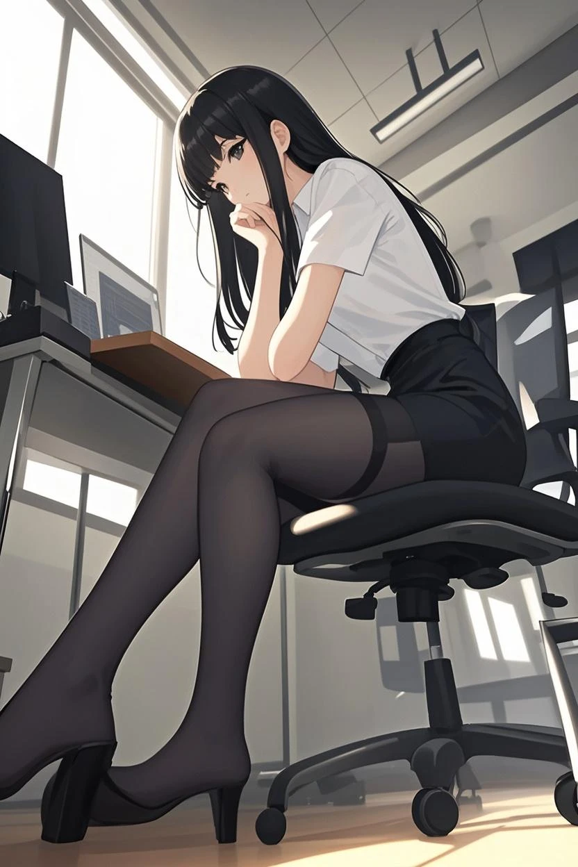 (masterpiece, best quality), a young black haired girl office secretary dressed in a transparent white blouse and black office skirt and black pantyhose ,sitting in an office chair, holding pencil, (detailed skin:1.3),(detailed eyes), (sharp focus),