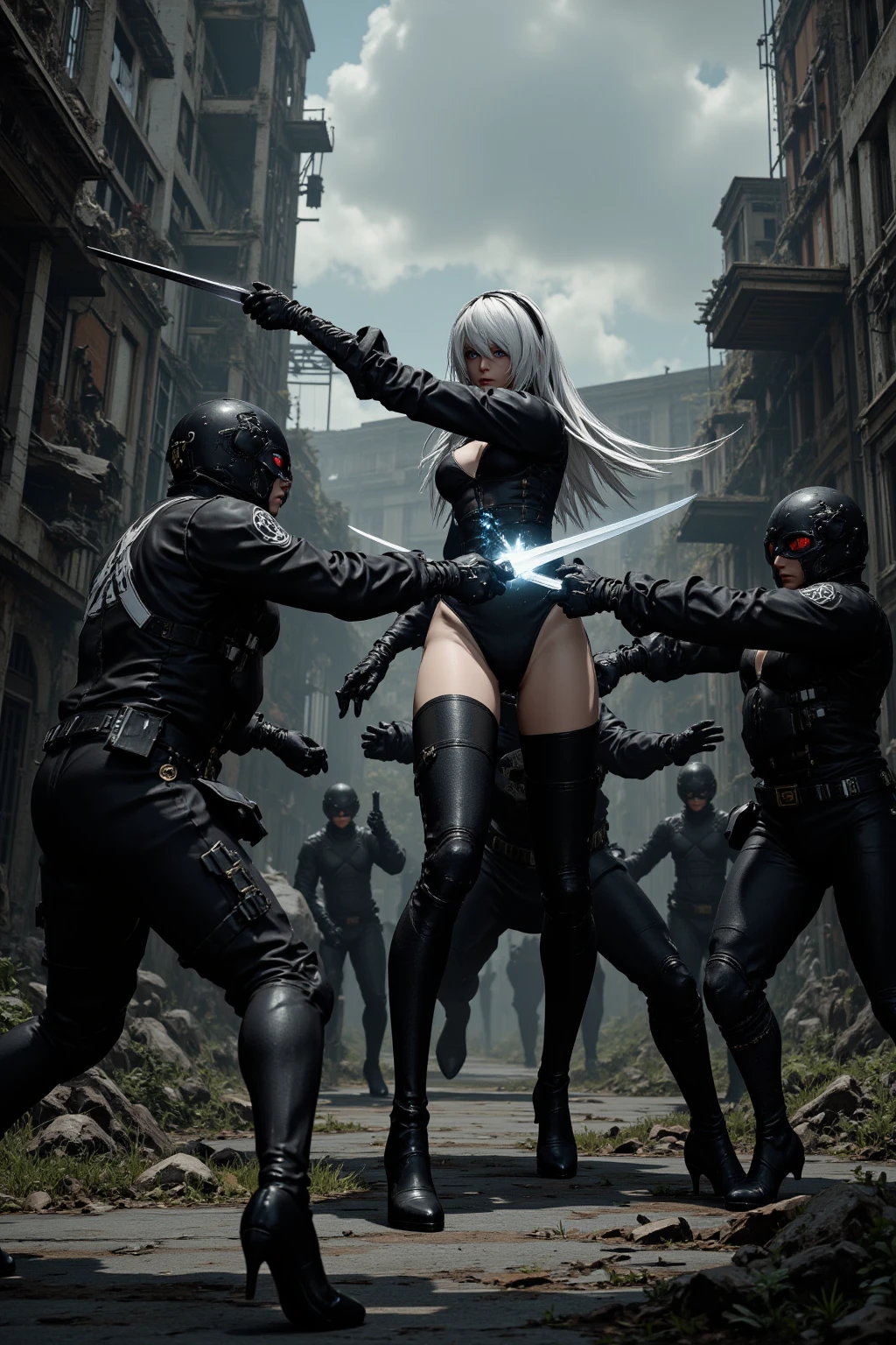 A female character stands against the backdrop of a ruined city in the near future.、Wearing high-tech gear。Her hair is silver and、It is long and straight。He has a gas mask on his face、Showing fighting stance。Her eyes are sharp、He has a determined look on his face.。
She is wearing grey bikini combat armor and jacket.、Multiple weapons and equipment are attached to the body.。In his right hand he holds a large rifle、He has a gun in his left hand。Her equipment is highly technologically advanced.、It gives off a cyberpunk vibe.。
In the background, abandoned buildings stand in a row.、There is a gloomy atmosphere。The overall color scheme is monochrome.、The scenery is reminiscent of a futuristic battlefield.。Her appearance is、It symbolizes strength and determination.、A tense scene is depicted。
