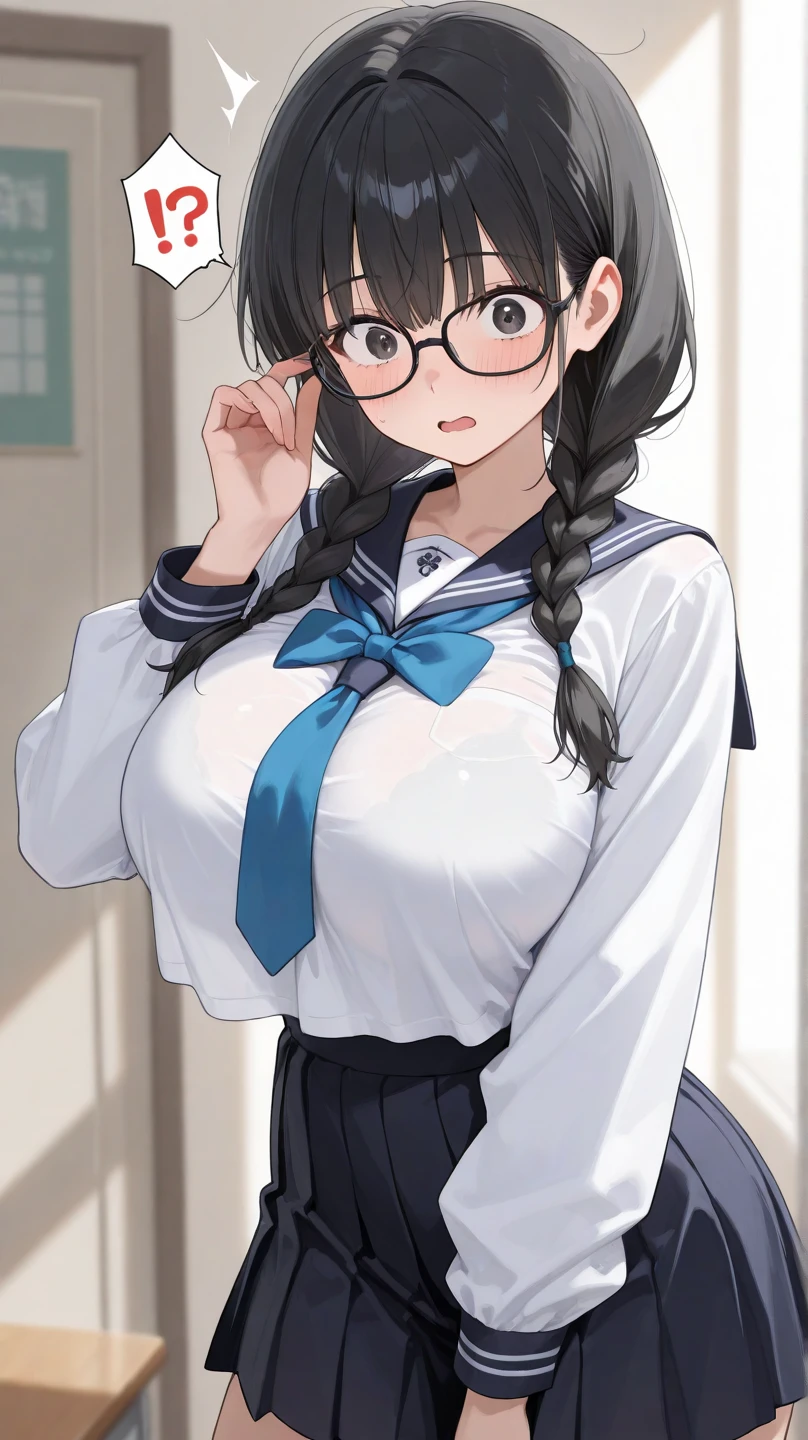 (Sailor suit),(plastic frame eyewear),Brat,(steam),Blushing cheeks,smile,Big Breasts,Plump,Blue eyes,Brown Hair,Long Hair,(Sweat),looking at viewer,(upper body),(1 Girl),master piece , best quality,(high resolution),classroom,summer