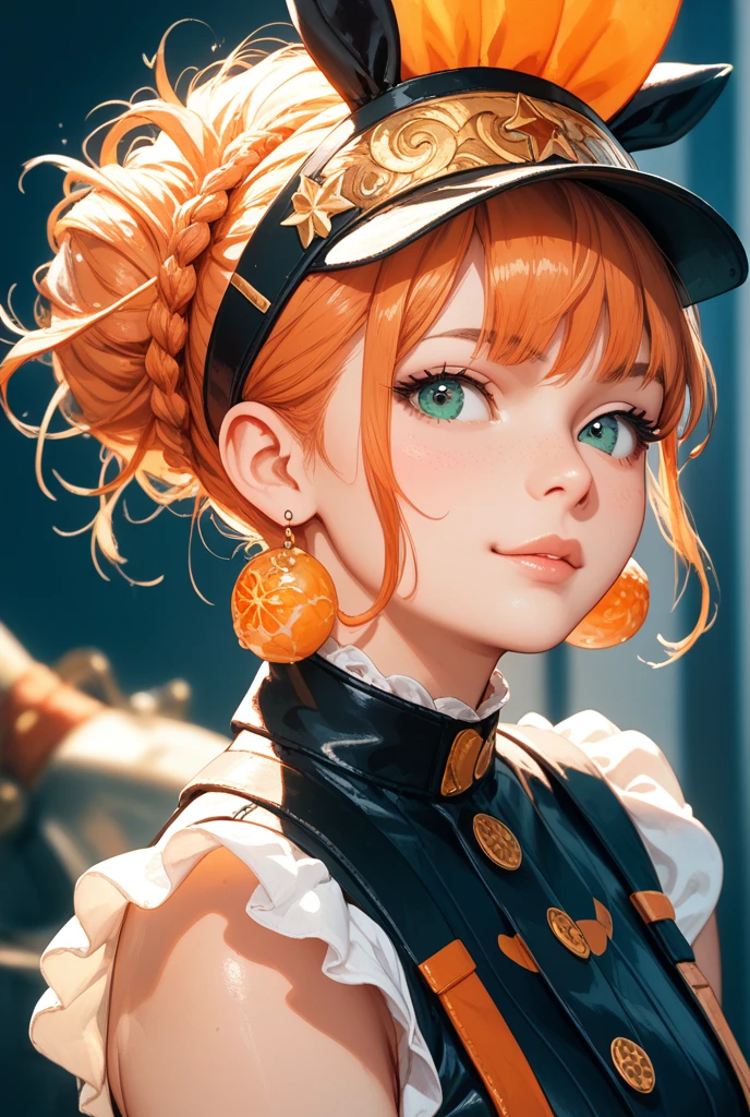 masterpiece, best quality, sfJuni, orange hair, blue eyes, hat, necktie, red gloves, ribbed bodysuit, large breasts, upper body, slight smile, looking at viewer, indoors, futuristic building 