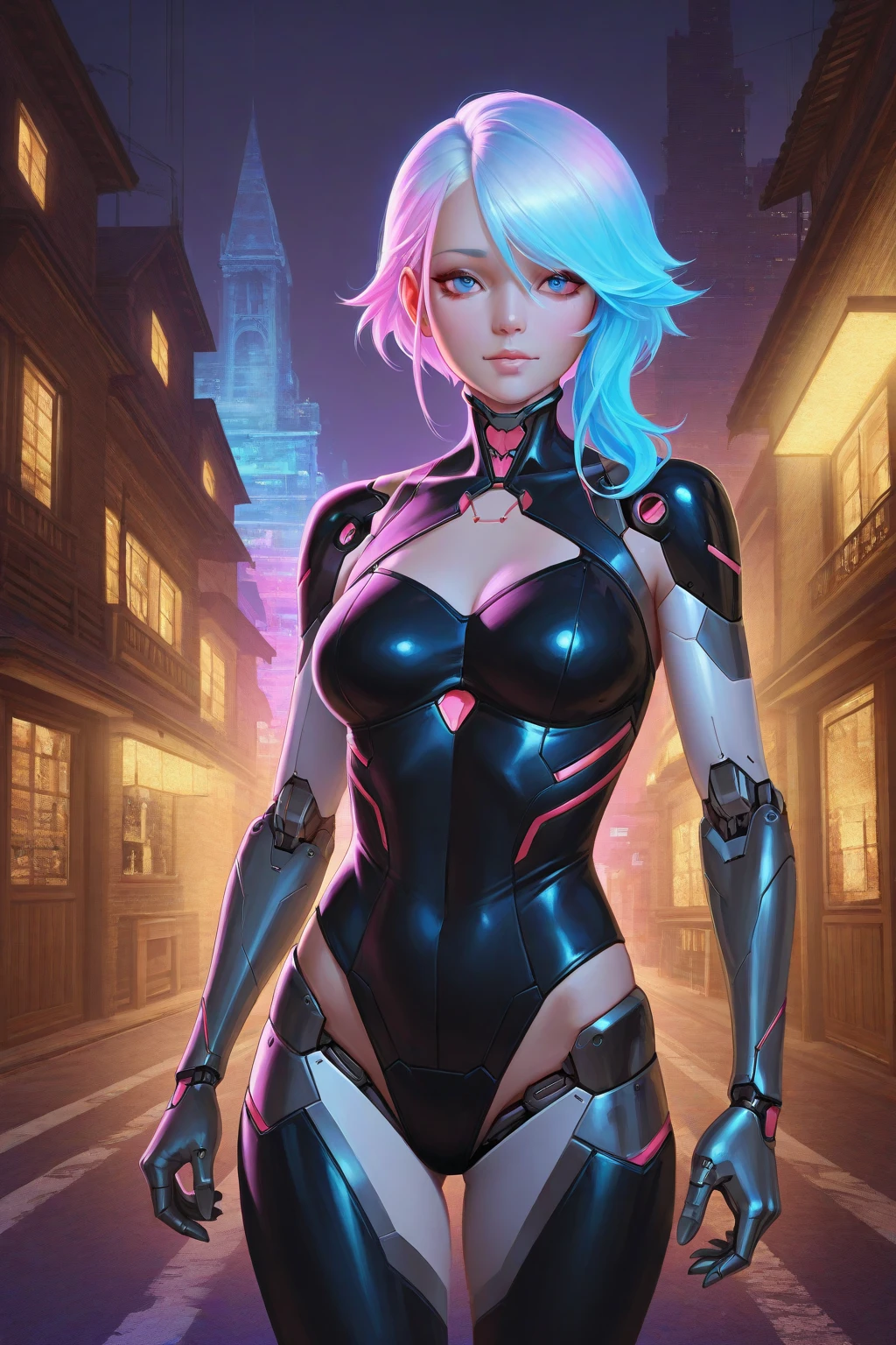 elsa of arendelle, ((long blonde hair, single braid, glowing blue eyes, makeup, narrow waist, skinny, medium breasts, Transparent neon cover, tiara,)), pelvic curtain, ((pink bikini)), full body, perfect body, (insanely detailed, beautiful detailed face, masterpiece, best quality) , (((solo))), (((1girl))), (((mature))), (extremely detailed 8k paper CG wall unit: 1.1), (street, cyberpunk,Electronics, night), (smile face for the viewer), cyberbody, neonbody, lightstreak