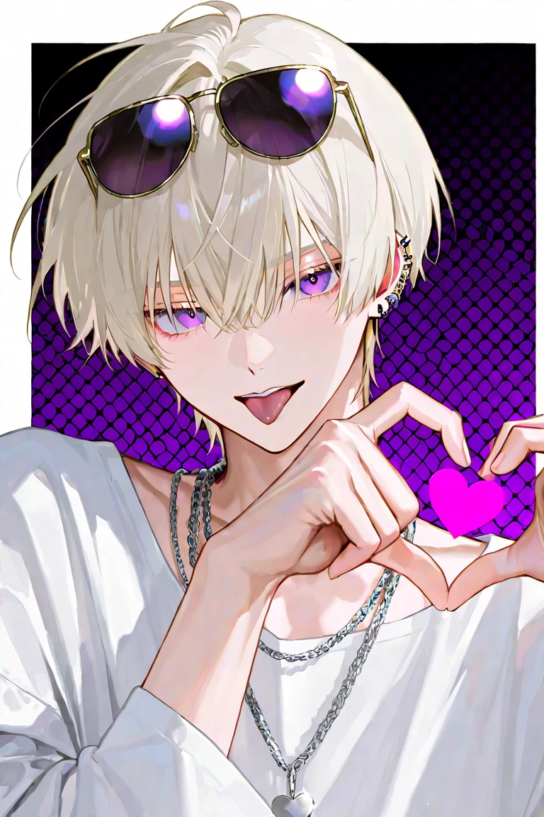 Beautiful young man,Beige hair, short hair, purple eyes, Wet hair, Wipe your hair with a towel, Top Naked, pecs, abs, After taking a bath, steam, sink,High quality, amount of drawing, pixiv illustration,close-up Face,cheeks are red,(A shy smile),((heart hands:1.2)),LOVE,Good finger,Perfect finger.