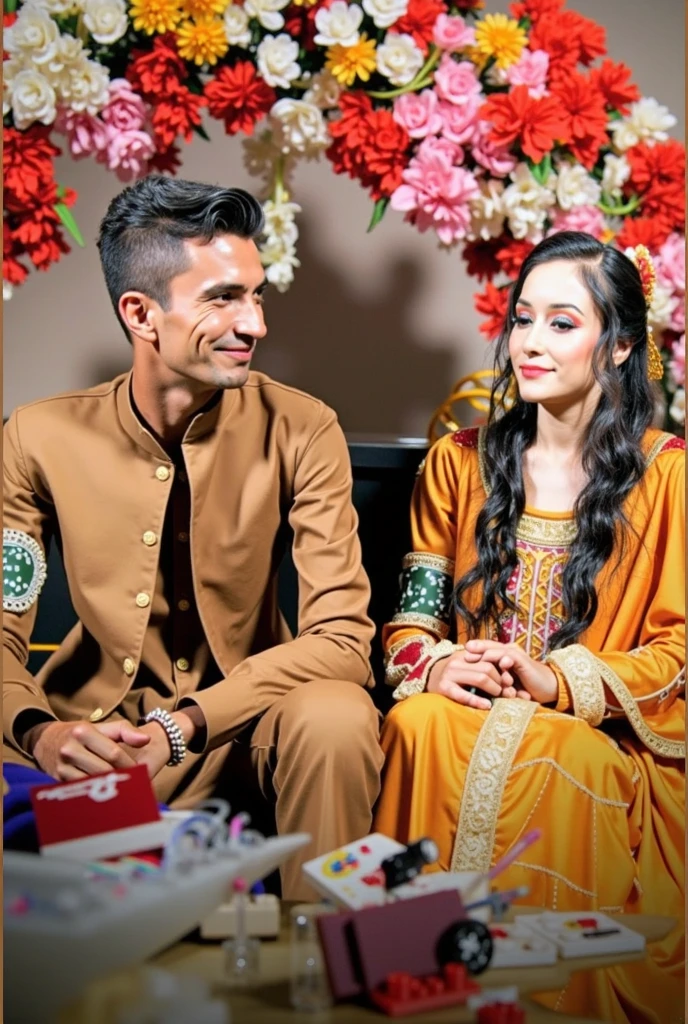 there is a man and woman sitting on a couch together, lovely couple, couple pose, wearing traditional garb, well edited, profile pic, portrait shot, portrait shot 8 k, high quality upload, happy couple, colored,realistic smile, realistic face, realistic face shape, no extra dimple, real people, Big clear eyes for the boy,