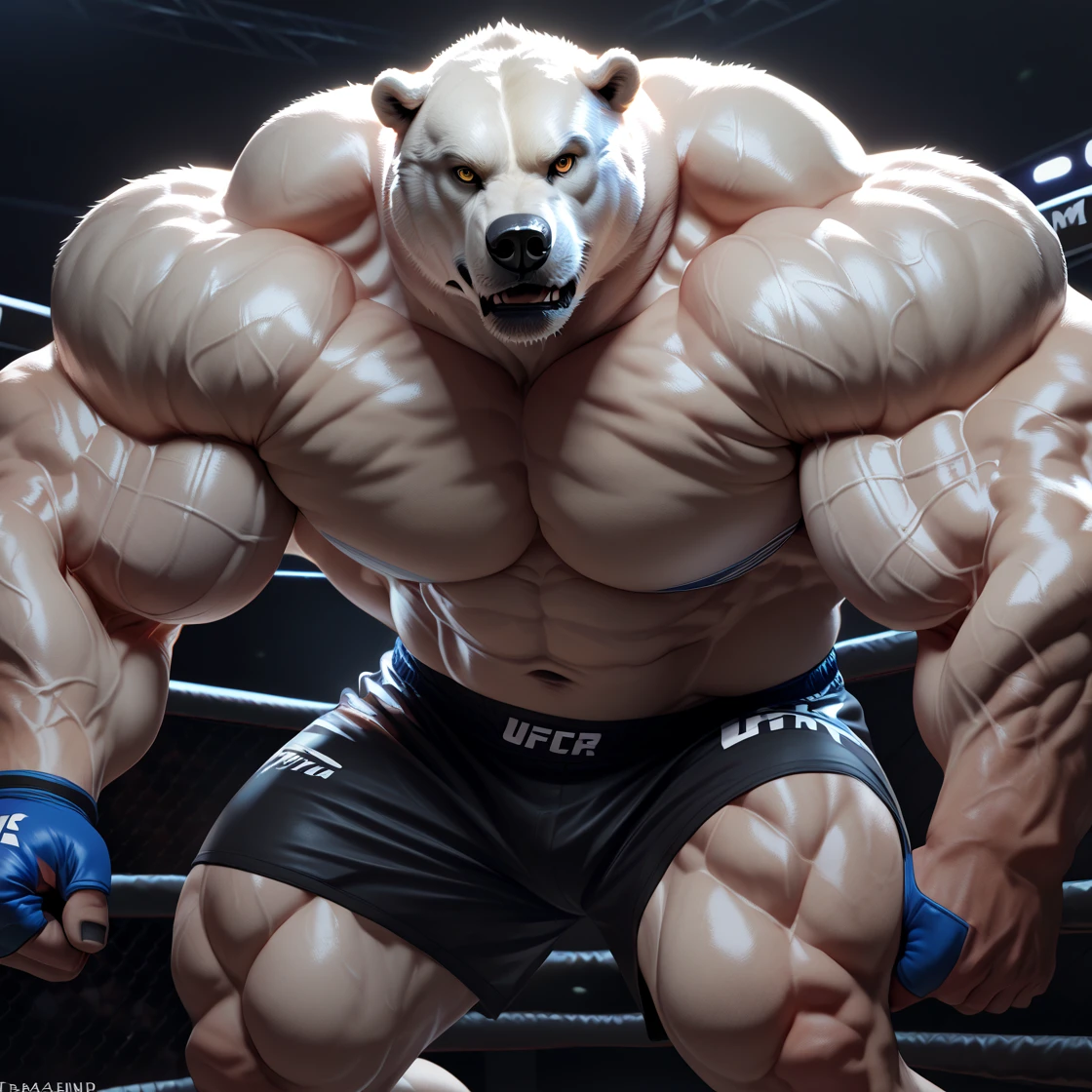 Brock Ólafsson The Huge Muscled Polar Bear, with White Hair, Shirtless, Topless, Black Wristbands and Black Gym Shorts, Flexing His Thorax.