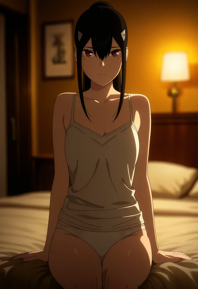 masterpiece, best quality, re-l, 1girl, (breasts), ((topless)), panties, seiza, thighs, makeup, [pale skin], blue eyeshadow, ((eyeliner)), black hair, closed mouth, solo, anime coloring, anime screencap, (dark), horror \(theme\), [indoors], greyscale, bedroom, highres, <lora:Re-L:0.8>,