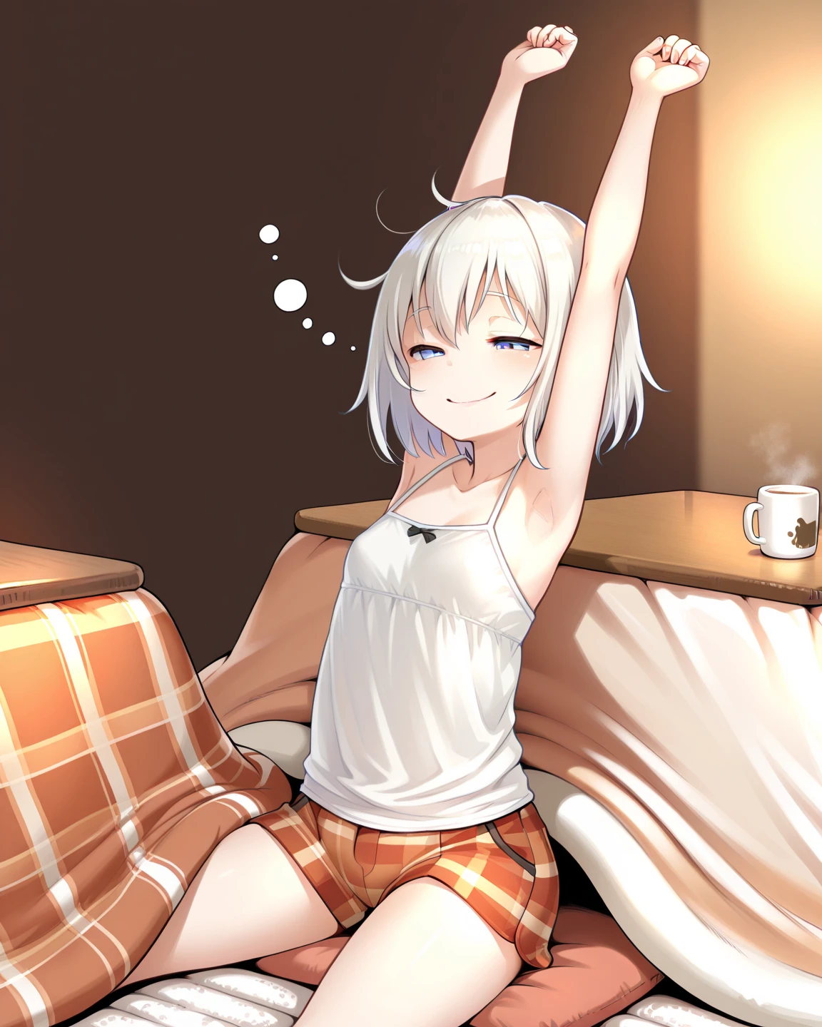 masterpiece, best quality, very detailed face, 1girl, white hair, short hair, blue eyes, tanned skin, sweat, summer heat, glistening skin, fan, sofa, sitted, bare legs, bare arms, light clothes,
