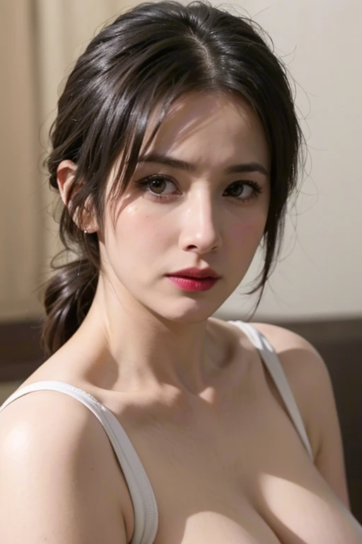 a Close-up portrait of gorgeous smiling cute Japanese woman in a glamorous white Fishnets outfit, delicate facial features, pixie cut hair, real human skinned texture, ultra-realistic photograph, a fusion of young Marion Cotillard's striking eyes and young Anne Hathaway's introspective gaze, long and slender cute face, curved eyebrows, droopy hooded eyes, lower nasal bridge, slim wavy nose, smiling, thin lips, short pixie cut hair, silhouette, bokeh, silk curtain background, depth of field, photo, film, AnneH, marioncotillard,