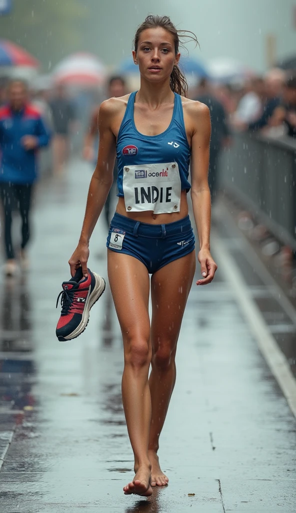 1 woman, ((masterpiece, Superior image quality, High resolution、((the woman is wearing a short-sleeved t-shirt))、((the woman is wearing running shorts)), ((the woman is wearing a headband)), Track athlete、High ponytail hairstyle、full body、pale white skin、glowing skin、Sweaty face, full of sweat、running on the tracks of the athletics stadium、alone、Navel is visible 、((track running))、((Running on the track))、(((Strong body)))、((Uniform wet with sweat)), ((blonde hair))