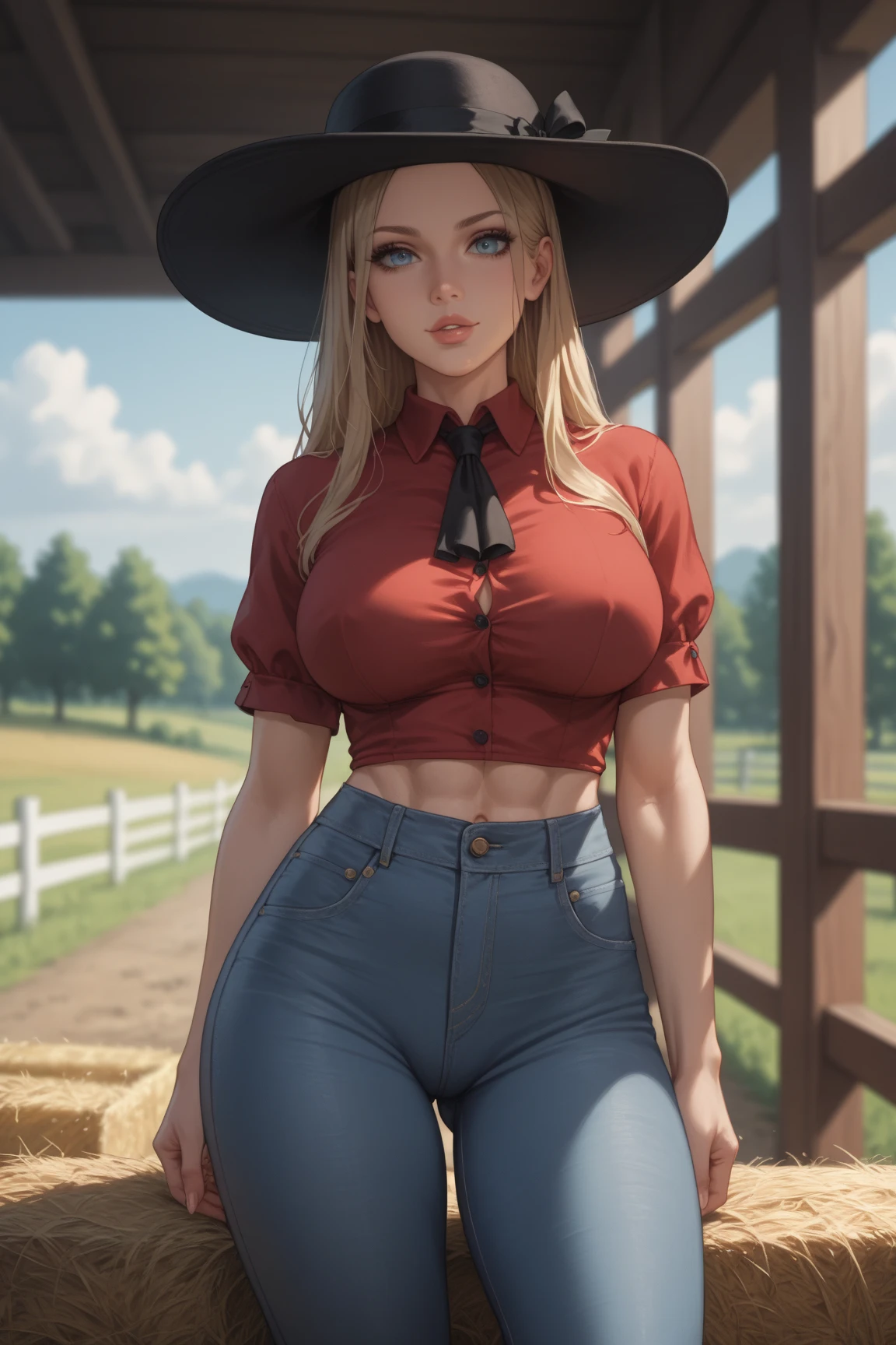 Anime Kawaii sexy Perfect Slim sensual body large breast and huge thighs, An intricate and highly detailed illustration of anime (Young girl) Maximum quality、Superior image quality、Masterpiece artwork、girl with((cute、18-years old、Better bust、medium bust、Bust 85,gorgeous blue eyes、wide open breasts,long blonde hair、A slender、Middle node、black tee,blue jeans、Enrole o cinto、serious face,cowboy hat、Cowboy Oeste))high qualiy、linda arte、Background with((Western World、desert sands)),tabletop、Elaborate Design、visual artwork、depth of fields、The best lighting、More Detailed、8k,super delicate、A little away