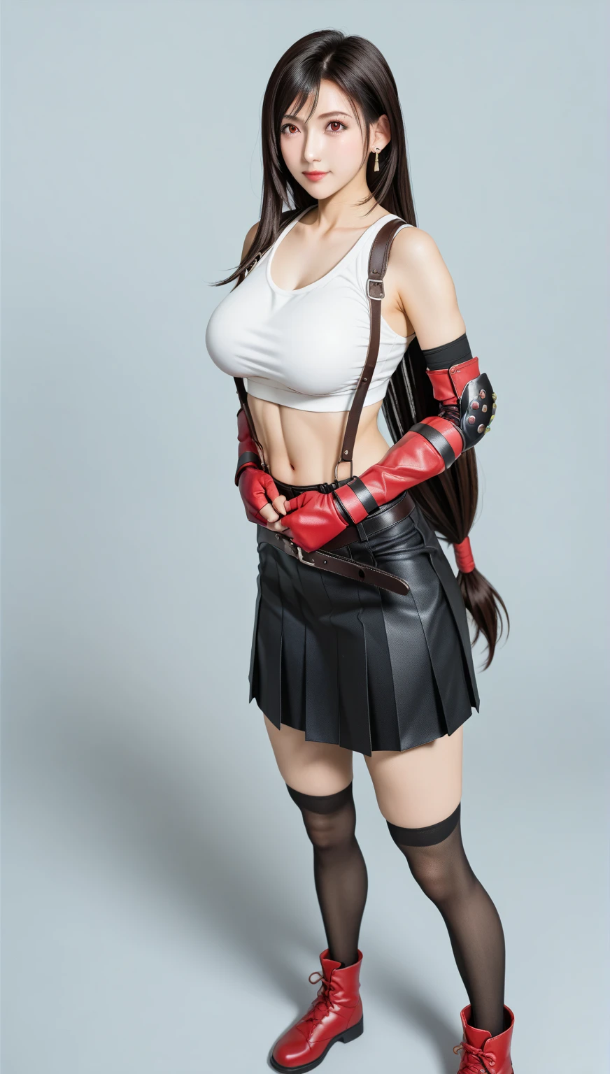 (8K、RAW Photos、Highest quality、masterpiece:1.2)、(Highest quality、Realistic)、1 Girl、((ガーターbelt、Side Ponytail、Tube top、Arm Covers、Ninja costume、mini skirt、Black and Red、tights、Belly button、Gloves、belt、ribbon、See-through、Thin legs、whole body、boots、City of night、View from the front、Looking into the camera、Stand with hands on hips))、cute