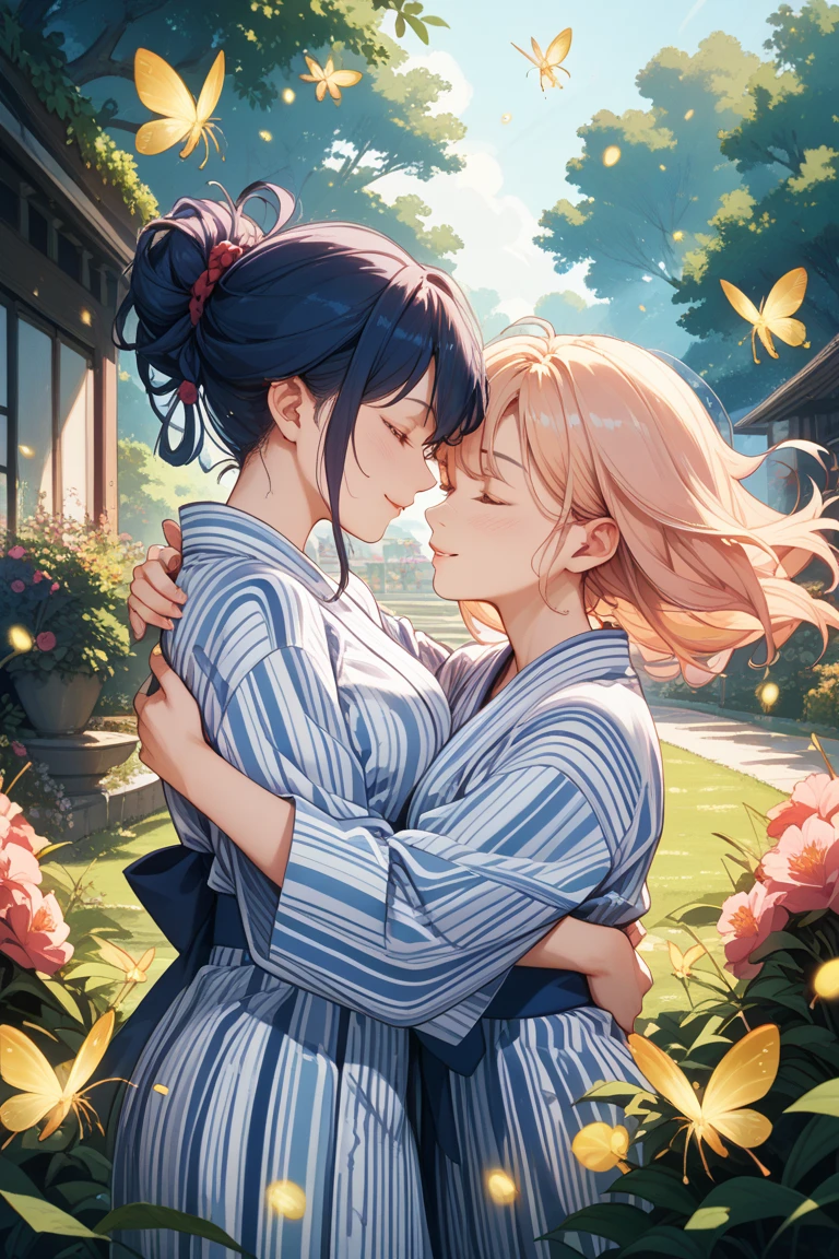 Anime couple in kimono kimono Kimono kimono and kimono kimono woman kimono, anime style 4 K, anime wallpaper 4 K, anime wallpaper 8 K, 4K anime wallpaper, anime art wallpaper 4 K, anime art wallpaper 4K, 4K manga wallpaper, Gwaitz, Los Tran and Makoto Shinkai style artwork, female and female couples hugging each other as the starry sky sparkles, (kiss:1.5), Capture the moment of exchanging kisses. Women wear yukata that shows their chests, The scene is depicted in an anime-inspired style, meticulously drawn in every detail and presented in 16k high resolution. The lighting is fantastic, with the intersection of starlight and moonlight, softly illuminating the couple. The colors take advantage of the contrast between the vivid colors of the yukata and the deep blue and white of the starry sky. For compositions, use a medium telephoto lens and make sure the couple is centered on the screen. , shooting stars, detailed facial details