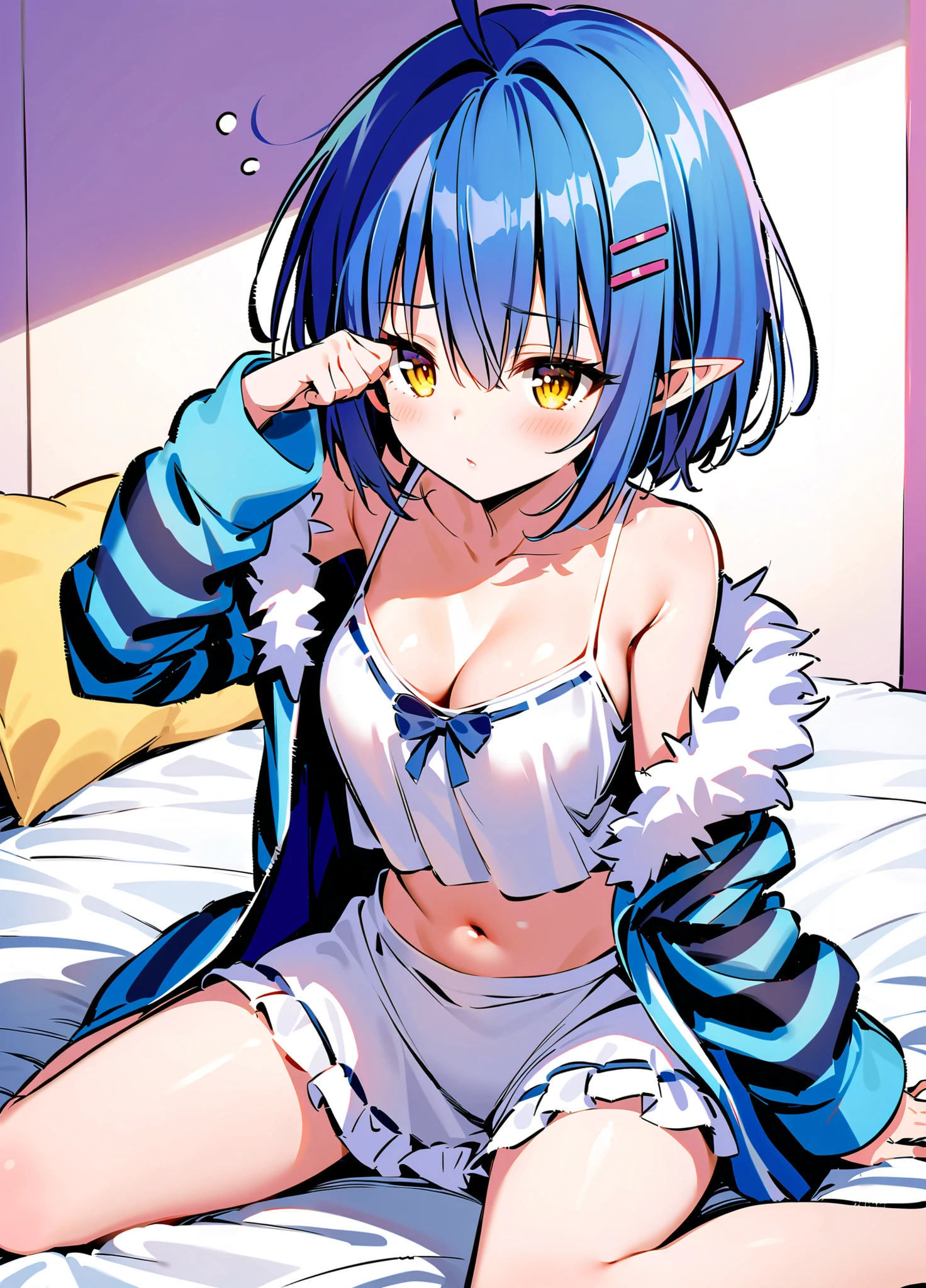 Girl in bed big booba goblin on top girl blushing sliming blue hair yellow eyes with bra in her hand lowering her panties