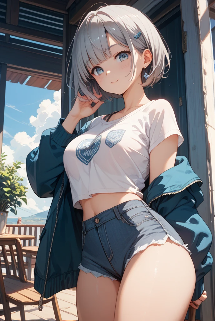 (masterpiece), (best quality), (High quality), (perfect anatomy), BREAK, expressive eyes, perfect face, 1girl, (grey cat ears: 1.5), BREAK, (medium hair, grey hair: 1.6, pixie cut), BREAK, (big eyes, perfect eyes, blue eyes, thick eyelashes), BREAK, (thin eyebrow), BREAK, (short height), slim bulid, BREAK, smile, open mouth, blush, BREAK, (medium breasts), BREAK, (pink croppped top: 1.6), BREAK, (thight jeans: 1.4, low-rise jeans: 1.4), (sneakers), BREAK, (standing, arched back), (upper body, selfie), BREAK, (view from front: 1.5), (city scape, night), BREAK, ( face_focus), looking at the camera,