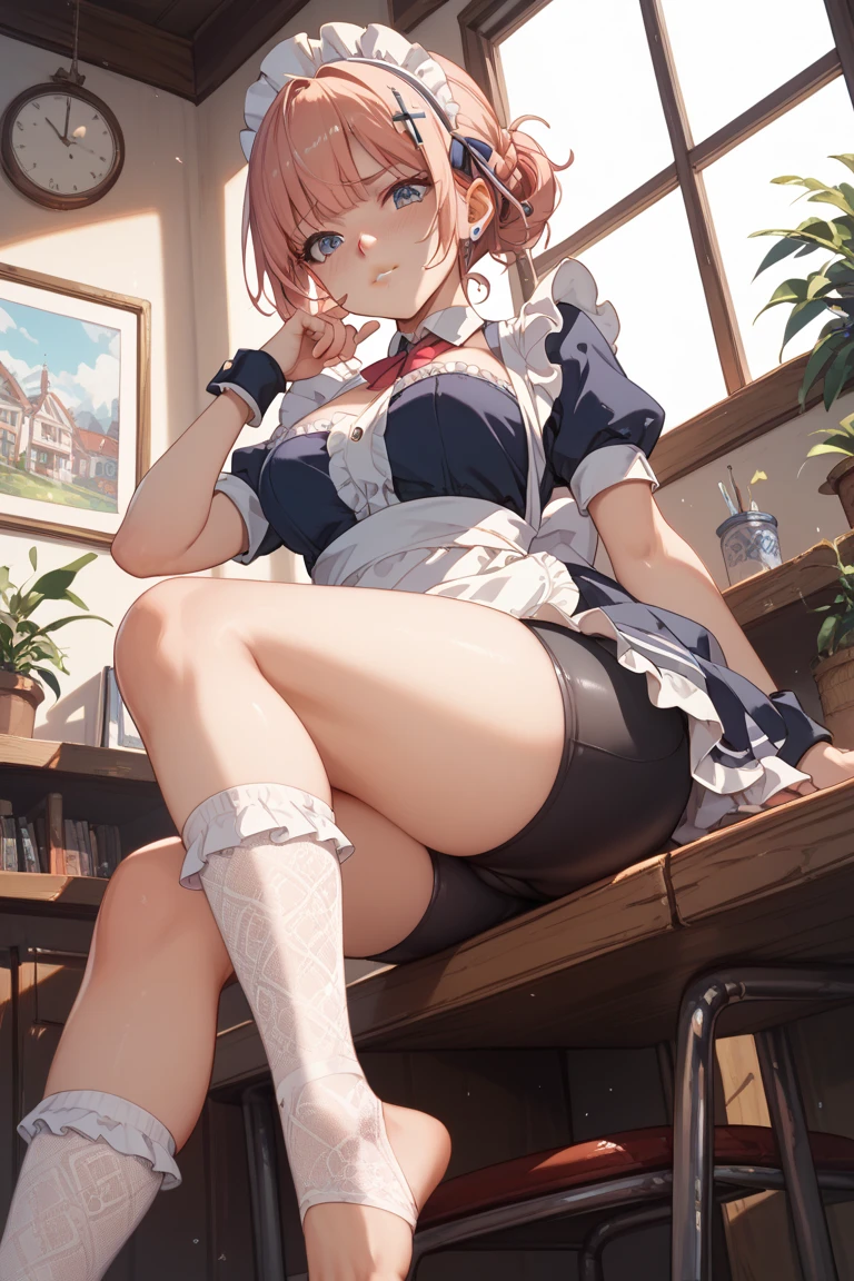 1girl, solo, sexy nurse suit, miniskirt, exposed panties, bangs, happy, posing, multicolored hair, Arima Kana, hat, beret, (masterpiece: 1.2), highres, best quality, 8k, nursery, nurse suit, nursing supplies, doctor's office, full body, posing, sensually, (bare legs, garter stockings, crossed legs, big breasts.)