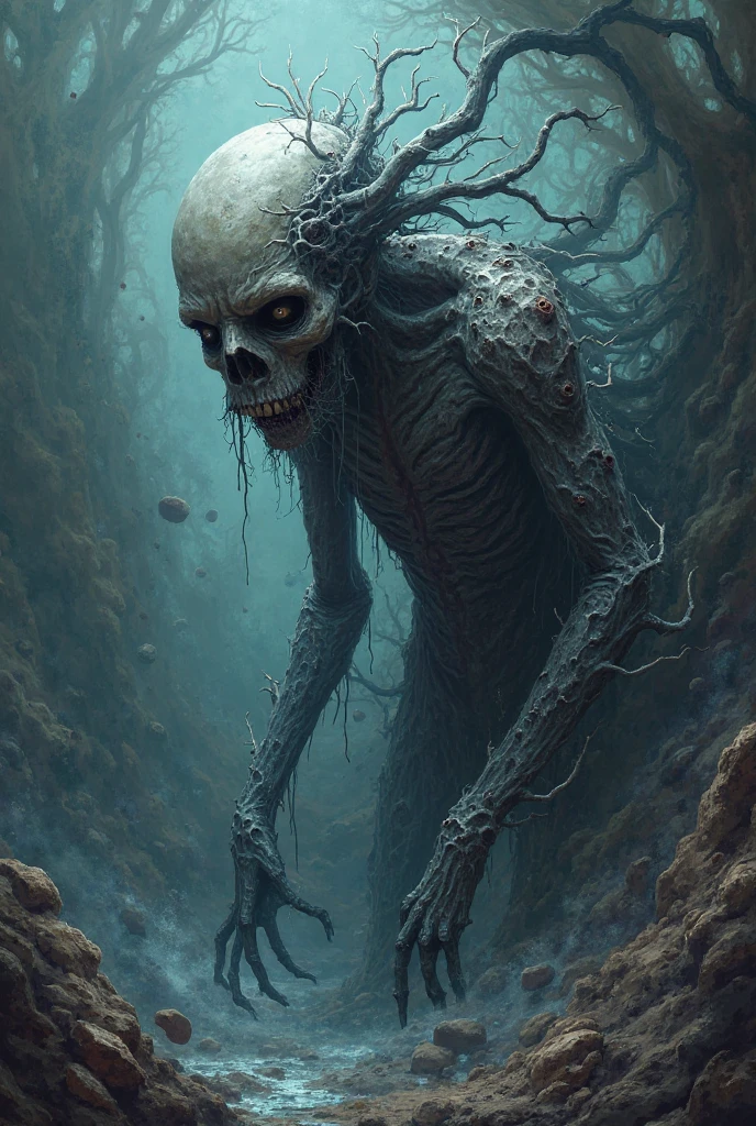 realistic,a submerged skeletal zombie emerging from a muddy swamp, dripping with water and mud,fangs,glowing white eyes, as it walks towards the viewer with an outstretched hand to grab them. Ensure the description includes eerie and swamp-like surroundings. <lora:VampireFangs-Prodigy-d16-a1:1> <lora:add_detail:1>