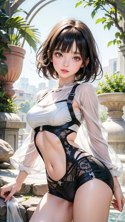 ((Highest quality)), ((masterpiece)), (detailed),Perfect Anatomy,Natural Light,In the city where buildings stand side by side,Night Scenery,A very cute, baby-faced, black-haired woman,((Highest quality, 8k, masterpiece: 1.3, )),A woman with very small breasts,Well-proportioned, slim body,Long, slender legs,Long, thin hands, detailedな顔, detailedな肌, fine grain, detailedな唇, detailedな舌, detailedな指, Mouth detailed, Beautiful teeth alignment,Realistic, High resolution, Natural light, Dynamic pose,Toned Legs, double eyelid, Tear bags, Round eyes, Moisturized lips,Long, flowing blonde hair, (((Black leather collar,Wearing a black leather jacket,An open-necked black leather jumper,Wearing a black see-through bra 1.5,Wearing a very short black leather miniskirt,A glimpse of her white panties,Black leather belt at waist))),,