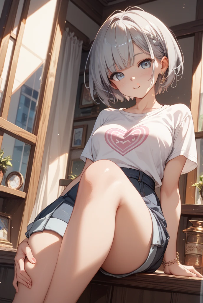 8K、super high quality、beautiful face、Super detailed、1 girl, gray hair, purple eyes, shining eyes, crop top,mini skirt, blush, whole body、pumps、short socks, in the room、cum on chest:1.6、on the thigh:1.8,cum on feet:1.6,crying face、