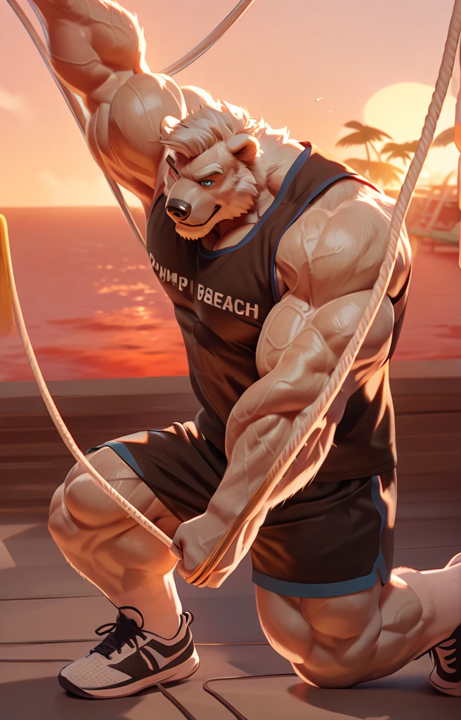 solo, 2boys, beach, size different, extremely huge muscular, massive muscular, grizzly bear, full-body, well-muscled, being shirtless in a black swim trunk shorts and black wristbands in beach. Flexing the whole body. Doing the MOST MUSCULAR POSE. Super strong. ((extremely muscle size, super thick arms, huge back, thick brown fur, extremely wide back and shoulder, powerful body, huge arms, veiny)). and add details to make it attractive and interesting. Added eyes. Add textures and details to make the image more realistic, such as the appearance of the body-built texture and the appearance of the fur. Make sure the resulting image is high resolution, 8K quality.", simple background, masterpiece, high detailed, 8k, high resolution